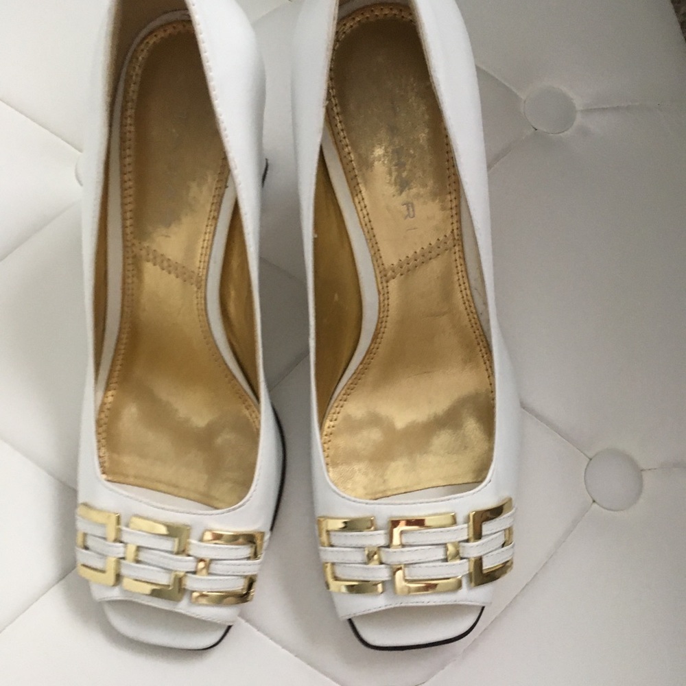Tahari White open toe heels.